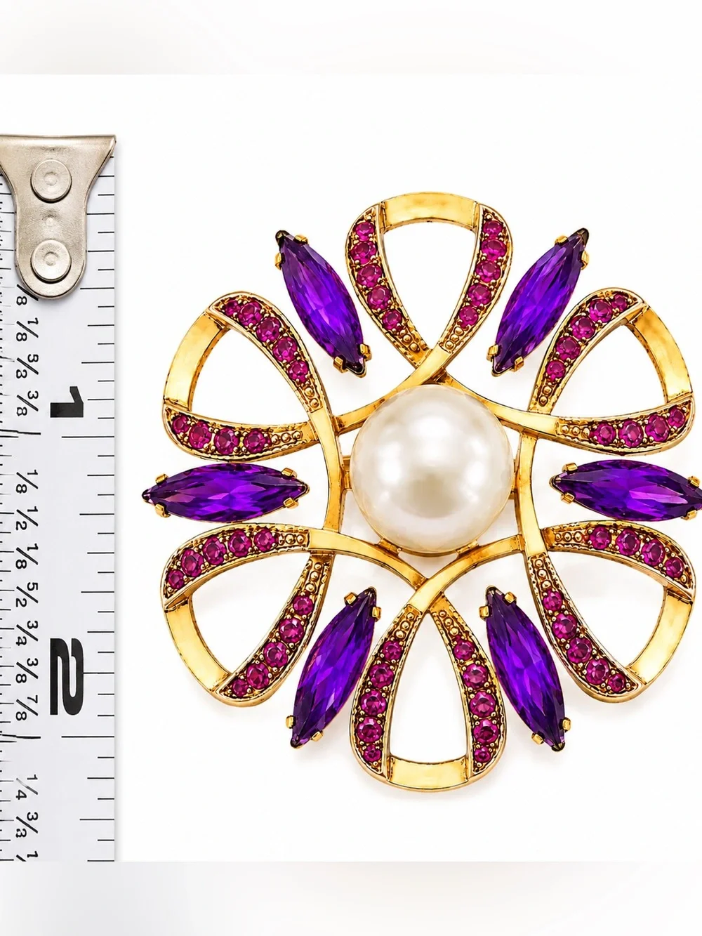 Gold Tone Faux Pearl & Purple‎ Rhinestone Statement Brooch NEW. VTG Style